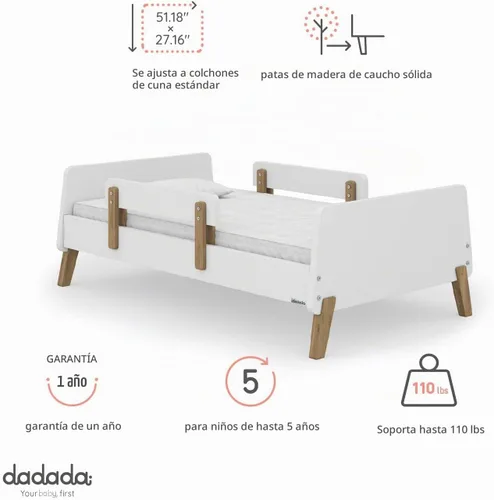 Vista 2 de Dadada Muse - Cama infantil con 2 rieles de seguridad extraíbles y marco de madera, color blanco Low Profile Montessori Bed for Kids, Solid Wood