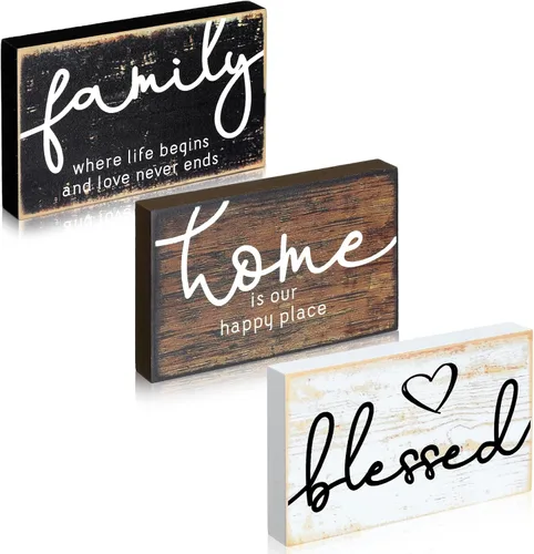 Vista 11 de Jetec 3 piezas de letrero de hogar familiar bendecido en madera rústica, letrero decorativo mini en forma de corazón, decoración en madera
