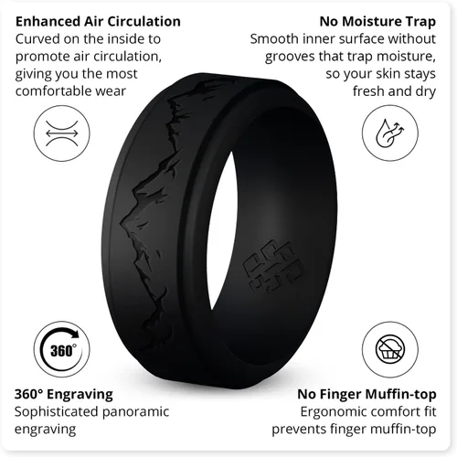 Vista 36 de Knot Theory Anillo de silicona para hombre, grabado de montaña, ondas, bosque, ancho de banda de 0.315 pulgadas, transpirable, ajuste cómodo