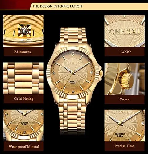 Vista 3 de Reloj de acero inóxidable dorado con cristales estilo clásico para hombre Fq-005
