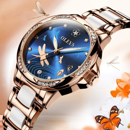 Vista 6 de OLEVS Relojes para mujer, mecánico automático, cuerda automática, oro rosa, reloj de mujer, vestido de diamante, pulsera de cerámica, impermeable