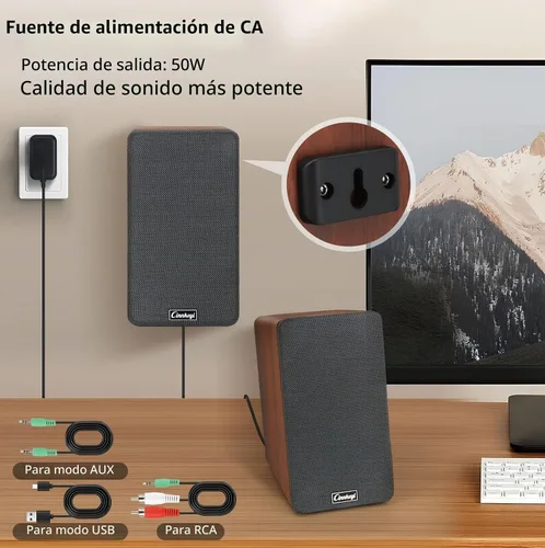 Vista 3 de Altavoces de PC de 50 W, altavoces de estantería de madera RCA, AUX
