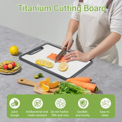 Vista 2 de Juego de tabla de cortar de titanio de 3 piezas, tablas de cortar de metal para cocina, tabla de cortar de acero inoxidable, tablas de cortar