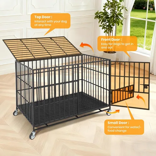 Vista 5 de Heavy Duty Escape-Proof Dog Crate - Durable Metal Kennel with 3 Doors, Removable Tray & Wheels, Indestructible Indoor Cage for Large/Medium Dogs
