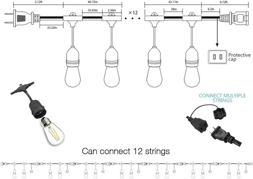 Vista 7 de Banord Cadena de luces LED para exteriores, luces de patio de 48 pies con bombillas Edison de plástico vintage de 2 W regulables y hilo de grado