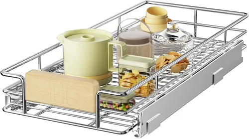 Vista 21 de LOVMOR Organizador de gabinete extraíble con mango de madera, 16½ pulgadas de ancho x 21½ pulgadas, organizador deslizante para cocina, despensa