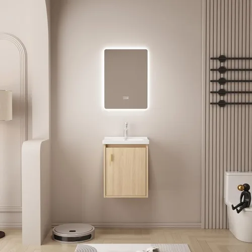 Vista 6 de Tocador de baño pequeño de 16 pulgadas montado en la pared, tocador de baño pequeño con fregadero de cerámica, tocador de baño moderno con cajones