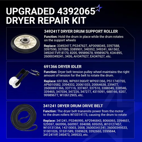 Vista 6 de BlueStars 4392065 Kit de reparación de secadora incluido Cinturón 341241 Rodillos tensores 691366 349241T para secadores Whirlpool Kenmore Admiral