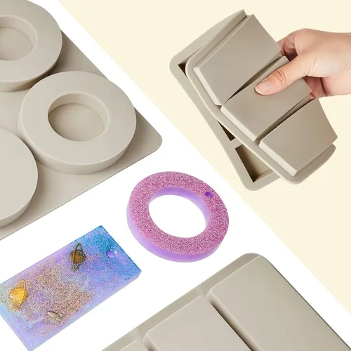 Vista 4 de Patelai 2 moldes de silicona para derretir cera de resina de Navidad, molde de llavero redondo rectangular de fundición epoxi para fabricación