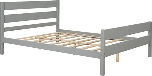 Vista 6 de Marco de cama de plataforma de madera maciza tamaño matrimonial con cabecera de madera, listones resistentes, soporte de cama individual para niños
