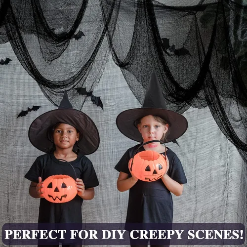 Vista 5 de ZeeDix Paquete de 6 paños espeluznantes negros de Halloween de 30 x 75 pulgadas, decoración de Halloween, tela de gasa espeluznante negra