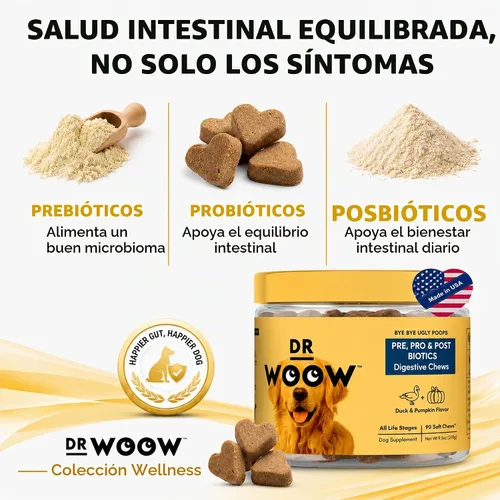 Vista 3 de Dr. Woow Pre, Post y probióticos para perros Apoyo digestivo para perros 90 masticables 3 mil millones de UFC de probióticos para perros de 7