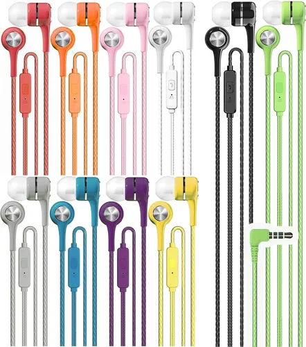 Vista 4 de Maeline Paquete de 10 auriculares a granel con micrófono, aislamiento de ruido, auriculares estéreo sin enredos, cable compatible con Android