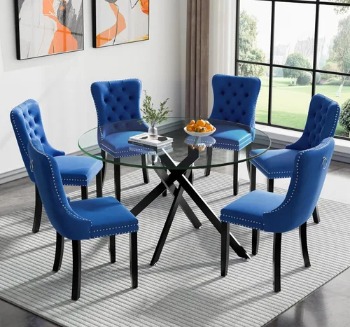 Vista 43 de Juego de mesa de comedor SSLine moderno de 3 piezas con mesa redonda de vidrio para 2, lujosa mesa de comedor circular de 36" con tapa de vidrio