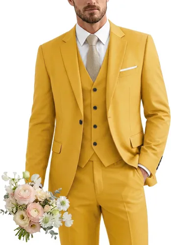 Vista 21 de Traje de 3 piezas para hombre con corbata, chaleco sólido de un botón y beige (529-beige)