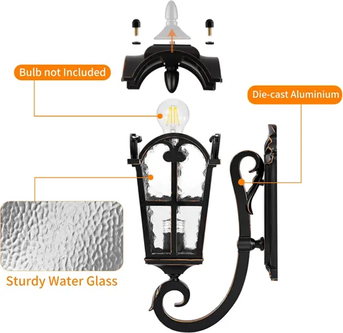 Vista 3 de PARTPHONER Lámpara de pared para exteriores, color negro, romana, de 17.71 pulgadas de alto, farol de pared exterior, aplique impermeable, luces