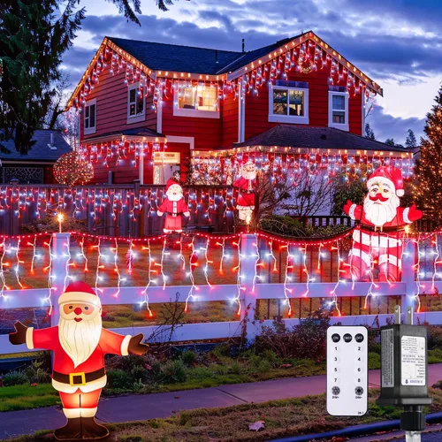 Vista 25 de JMEXSUSS 400 luces LED de Navidad de carámbano de 38.8 pies con control remoto, tira de luces multicolor para exteriores enchufables, 8 modos