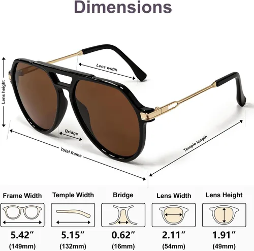 Vista 7 de VISOONE Aviator Sunglasses for Women Men UV400 Protection Retro Shades Negro/Marrón