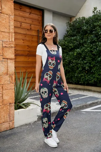 Vista 35 de PAODIKUAI Overol casual con estampado de calavera para mujer, overol suelto con bolsillos