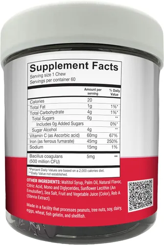 Vista 2 de BariatricPal Masticables suaves de hierro sin azúcar, 45 mg con vitamina C y probióticos, frambuesa agria (60 unidades)