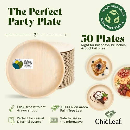 Vista 2 de Chic Leaf Platos de hoja de palma de 6 pulgadas, paquete de 50 platos desechables para aperitivos y postres totalmente compostables, vajilla
