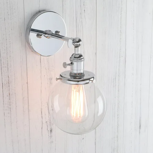 Vista 5 de PERMO Aplique de Pared Industrial Vintage con Mini Pantalla Globo Redonda de Vidrio Transparente Soplado a Mano de 5.9" (Cromado)