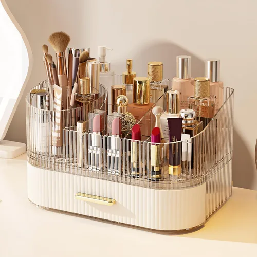 Vista 10 de Organizador de maquillaje giratorio de 360° con cajón, exhibición de almacenamiento de cosméticos de acrílico transparente, contador de belleza