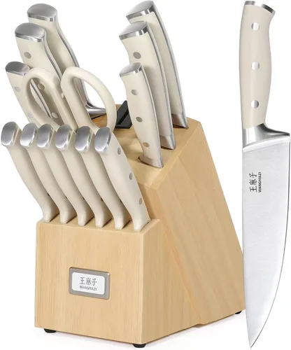 Vista 10 de WANGMAZI Juego de 15 cuchillos de acero inoxidable japonés de alto carbono, juego de cuchillos afilados para cocina, apto para lavavajillas, caja