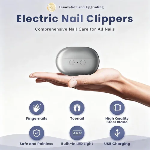Vista 7 de Cortaúñas eléctrico gris con luz LED, recortador de uñas inteligente recargable por USB, cortador automático 3 en 1 para uñas gruesas, diseño