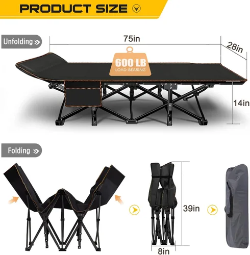 Vista 4 de NAIZEA Folding Camping Cots for Adults, Portable Cot with Mattress Heavy Duty Outdoor Bed with Carry Bag 1200d Oxford Cloth Sleeping Cots for Cuna