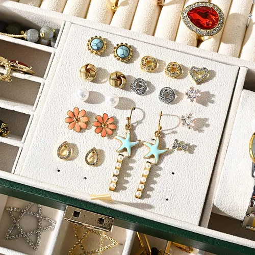 Vista 4 de Organizador de joyas con cuero sintético, joyero para mujer, caja de joyería grande con cerradura y llave, almacenamiento de aretes de collar, cajas