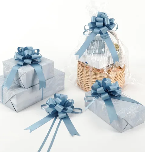 Vista 12 de HUIHUANG Lazos Azules para Envolver Regalos 12 PCS Lazos Azules Bebé de Tirón de 4 Pulgadas de Satén para Regalos, Cesta de Regalo, Bolsa de Papel