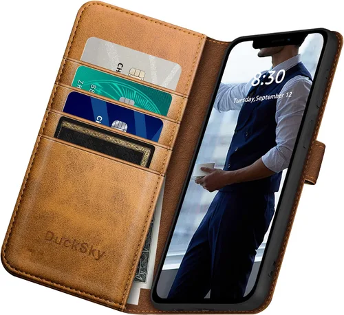 Vista 4 de DuckSky Funda tipo cartera de piel auténtica para iPhone Xs Max [bloqueo RFID] 【4 tarjeteros de crédito】【Cuero auténtico】 Funda protectora para Caqui