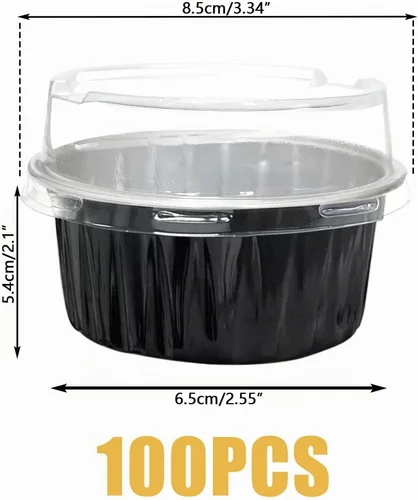 Vista 2 de 100 piezas de tazas de aluminio con tapas, 5 onzas de tazas desechables de ramekin para hornear, forros para magdalenas, mini moldes para tartas