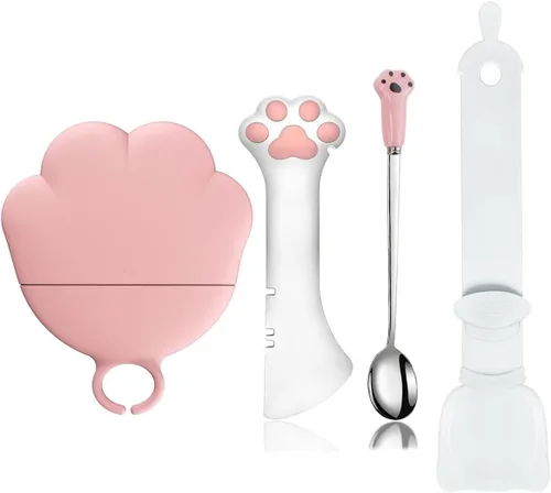 Vista 7 de Cucharas para latas de comida para perros y gatos, tapas de silicona para latas de comida para perros y gatos, abrelatas, espátula de comida