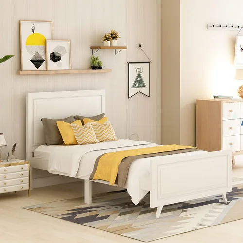Vista 3 de SOFTSEA Cama de plataforma de tamaño individual con cabecero y estribo, marco de cama de madera maciza con soporte de listones de madera, marco