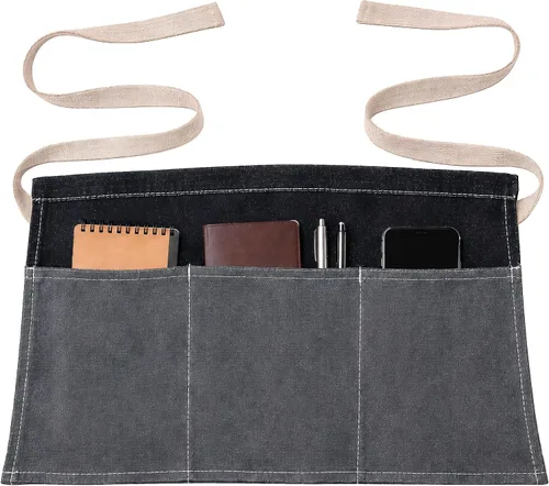 Vista 10 de Toyvian Delantal de cintura de mezclilla duradero con 3 bolsillos, unisex, delantal corto para camarera, bar, cafetería y cocina Negro