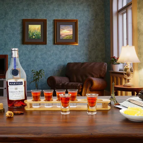 Vista 5 de D&Z Vasos de chupito de 1 oz con soporte, juego de vasos de chupito en bandeja de madera de bambú, 6 vasos de chupito de base pesada para whisky