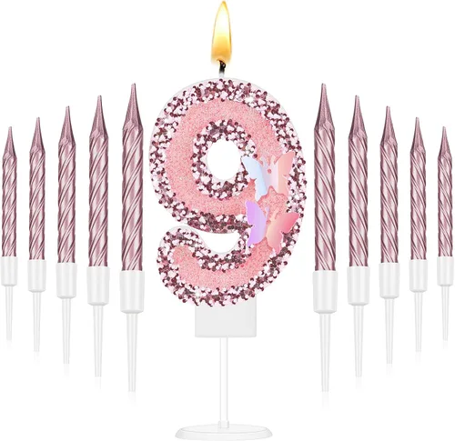 Vista 16 de Amylove Vela de cumpleaños número 0, decoración de pastel de mariposa con purpurina rosa con 10 velas delgadas, decoraciones de cumpleaños número 0