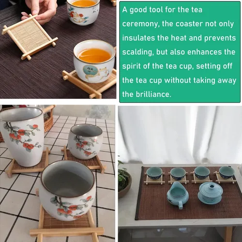 Vista 3 de Juego de té Gongfu, 6 posavasos de bambú para tazas de té de vidrio, posavasos de madera para tazas de té de vidrio pequeñas, tazas de té