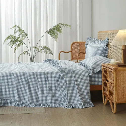 Vista 5 de LifeTB Gingham Ruffle Twin Sheets Set Soft Microfiber Blue Plaid Bed Sheets Volante - Azul Gingham