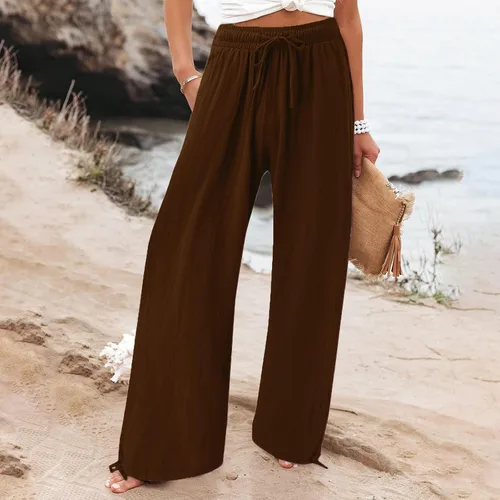 Vista 4 de SHAOBGE Pantalones de otoño para mujer, de cintura alta, de pierna ancha, casuales, cintura elástica, pantalones palazzo, pantalones de playa