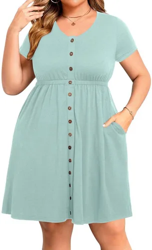 Vista 18 de Holipick Vestidos de verano para mujer, talla grande, casual, con bolsillos, acampanado, con botones, sin mangas, cuello en V