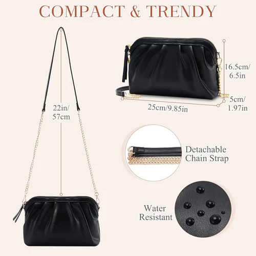 Vista 3 de VASCHY Bolso de mano para mujer, de cuero vegano fruncido, pequeño, formal, de noche, bolso cruzado al hombro, boda, fiesta