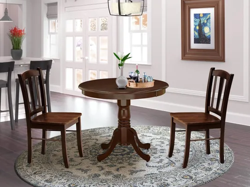 Vista 2 de East West Furniture ANDL3-MAH-W Juego de mesa y sillas de cocina de 3 piezas contiene una mesa de comedor redonda con pedestal y 2 sillas