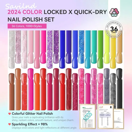 Vista 2 de SAVILAND Juego de esmalte de uñas secado al aire: 36+3 colores kit de esmalte de uñas rojo rosa azul purpurina esmalte de uñas regular con capa base