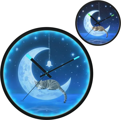 Vista 2 de Round Wall Clock Cat Wind Chimes 12 Inch Non-Ticking Silent Modern Decor Clock for Home Office