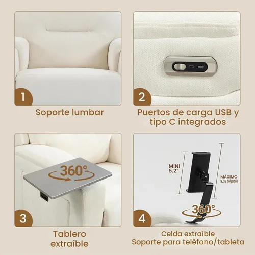Vista 5 de Sillón reclinable giratorio eléctrico con reposacabezas y lumbar ajustables Blanco