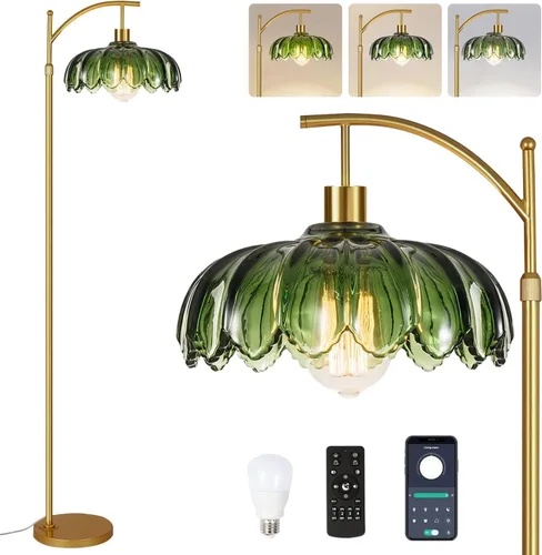 Vista 16 de Lámparas de pie doradas para sala de estar, dormitorio, lámpara de pie de cristal con control remoto y pantalla rosa, lámpara de pie regulable