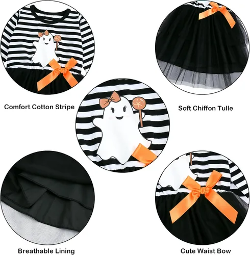 Vista 7 de Vieille Vestido de tul de Halloween para niñas pequeñas, de manga larga, calabaza, princesa, fiesta, faldas a rayas, ropa de 2 a 6 años